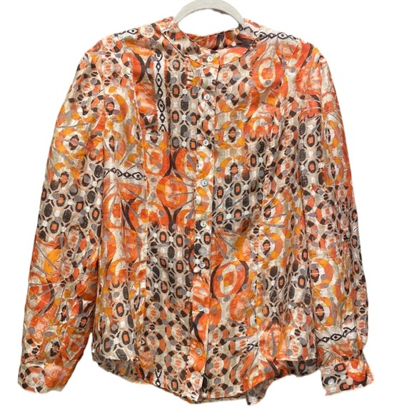 Ruby Rd. Orange Abstract Button Down Top Size 14 Mesh Detail Smocked Back Waist - Picture 1 of 16